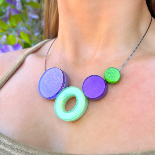 ‘Watch This Space’ Mint Green & Purple Circle Necklace