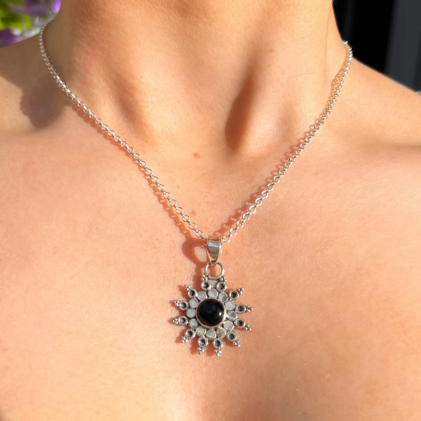 Sterling Silver Black Onyx Mandala Sun Necklace