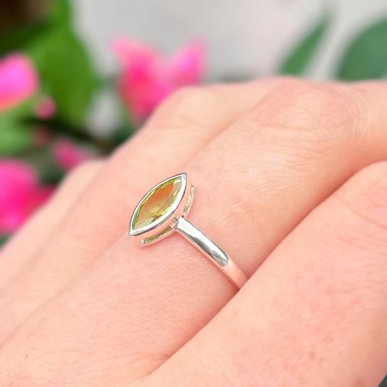 Minimalist Sterling Silver Bezel Set Marquise Peridot Solitaire Ring