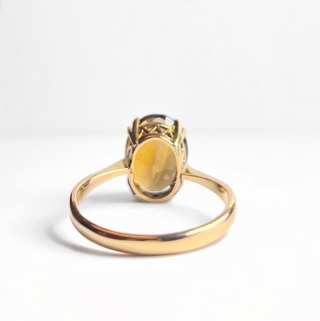 Vintage 9ct Yellow Gold Oval Smoky Topaz Solitaire Stacking Ring - Size N ½