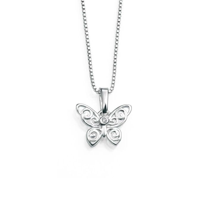 ‘D for Diamond’ Children’s Sterling Silver & Diamond Intricate Filigree Butterfly Necklace