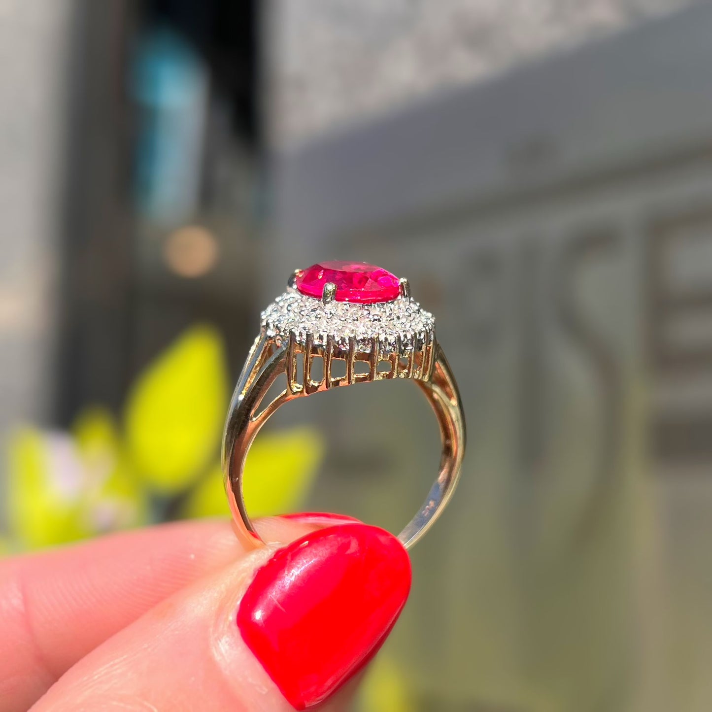 Eye-catching Vintage 9ct Yellow Gold Ruby and Diamond Cluster Cocktail Ring - Size P