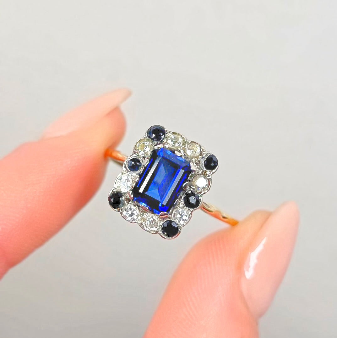 Striking Vintage Sapphire and Cubic Zirconia Dress Ring - Size O ½