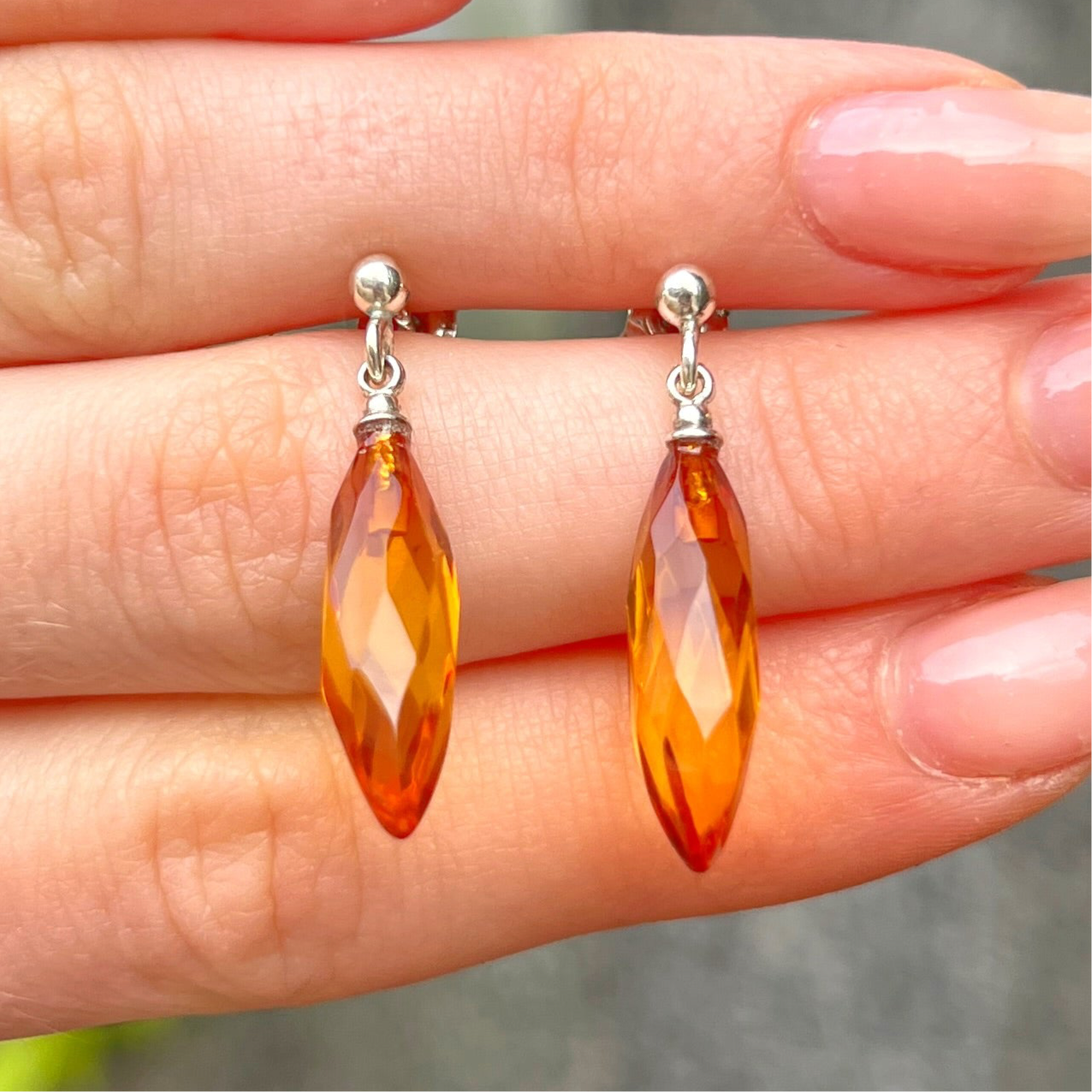 Sterling Silver Raw Orange Amber Drop Earrings