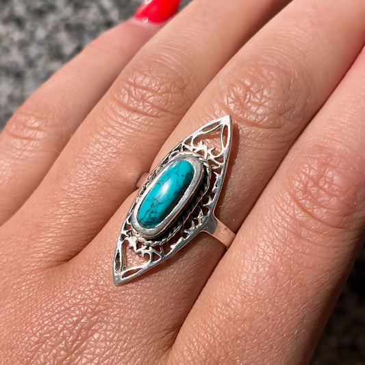 Elongated Sterling Silver Turquoise Filigree Ring - Size M1/2