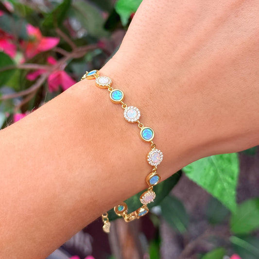 Blue & White Opal 9ct Yellow Gold Plated Cubic Zirconia Bracelet