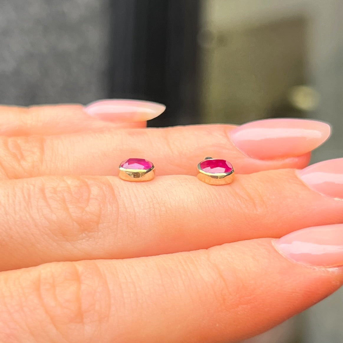 Dainty 9ct Yellow Gold Pink Ruby Square Stud Earrings
