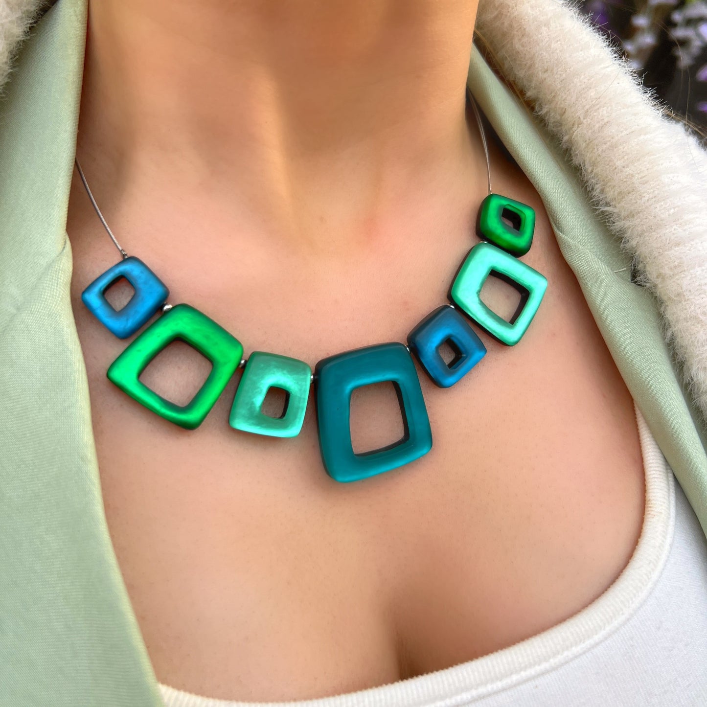 ‘Watch This Space’ Green & Blue Square Necklace