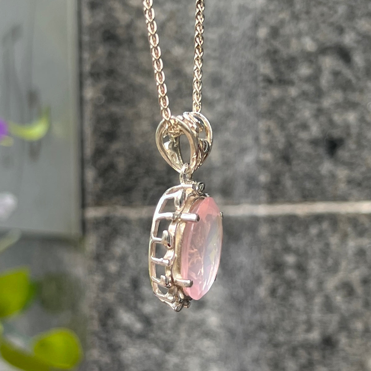 Sterling Silver Pink Rose Quartz Leaf Design Necklace