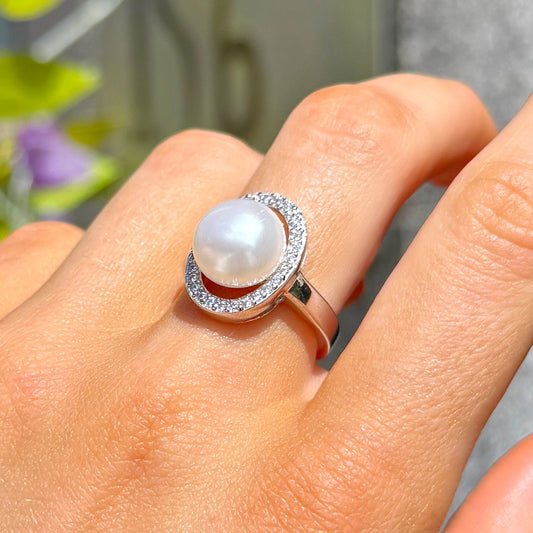 Sterling Silver Cubic Zirconia and Pearl Swirl Ring - M ½