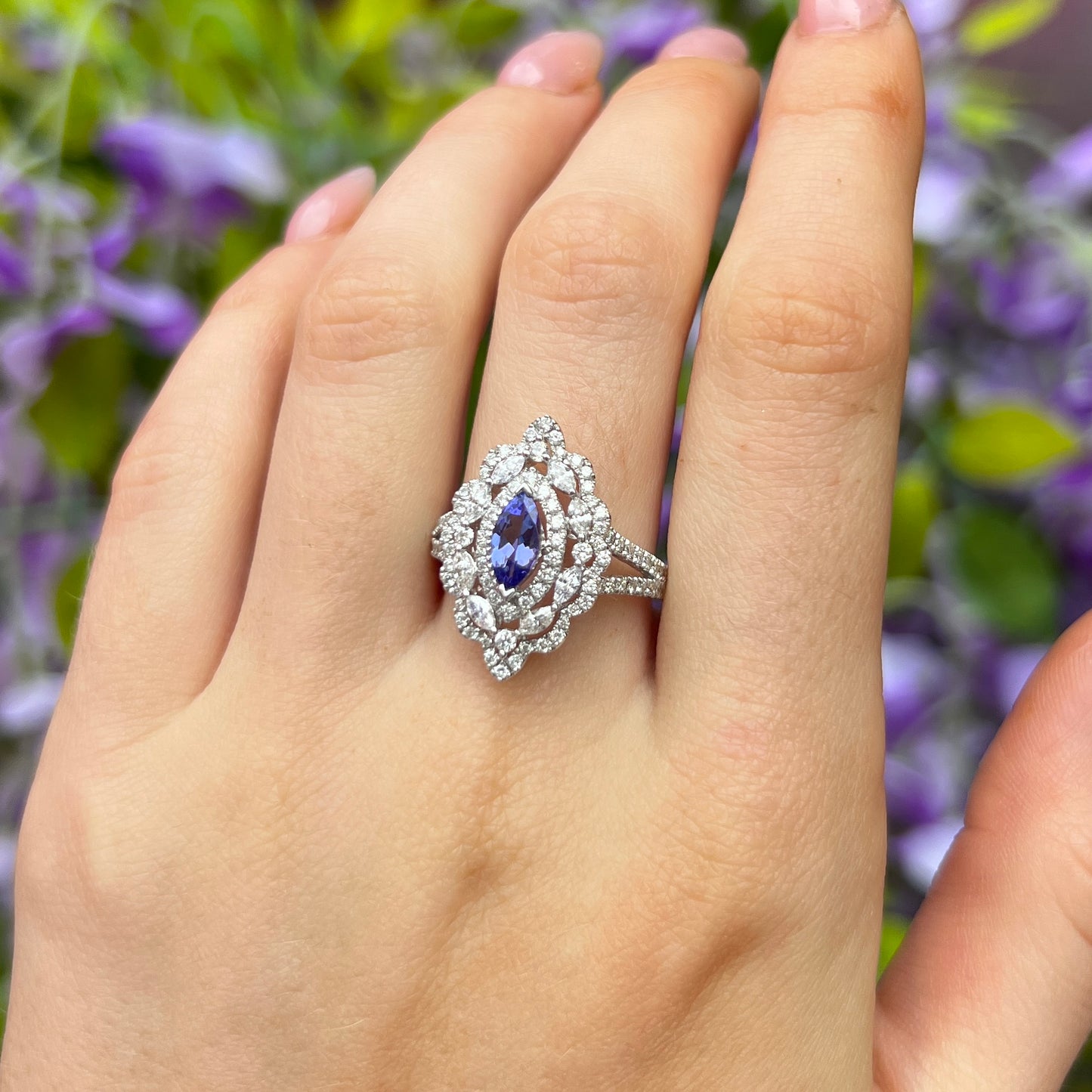 18ct White Gold Tanzanite And Diamond Statement Ring – SIZE O