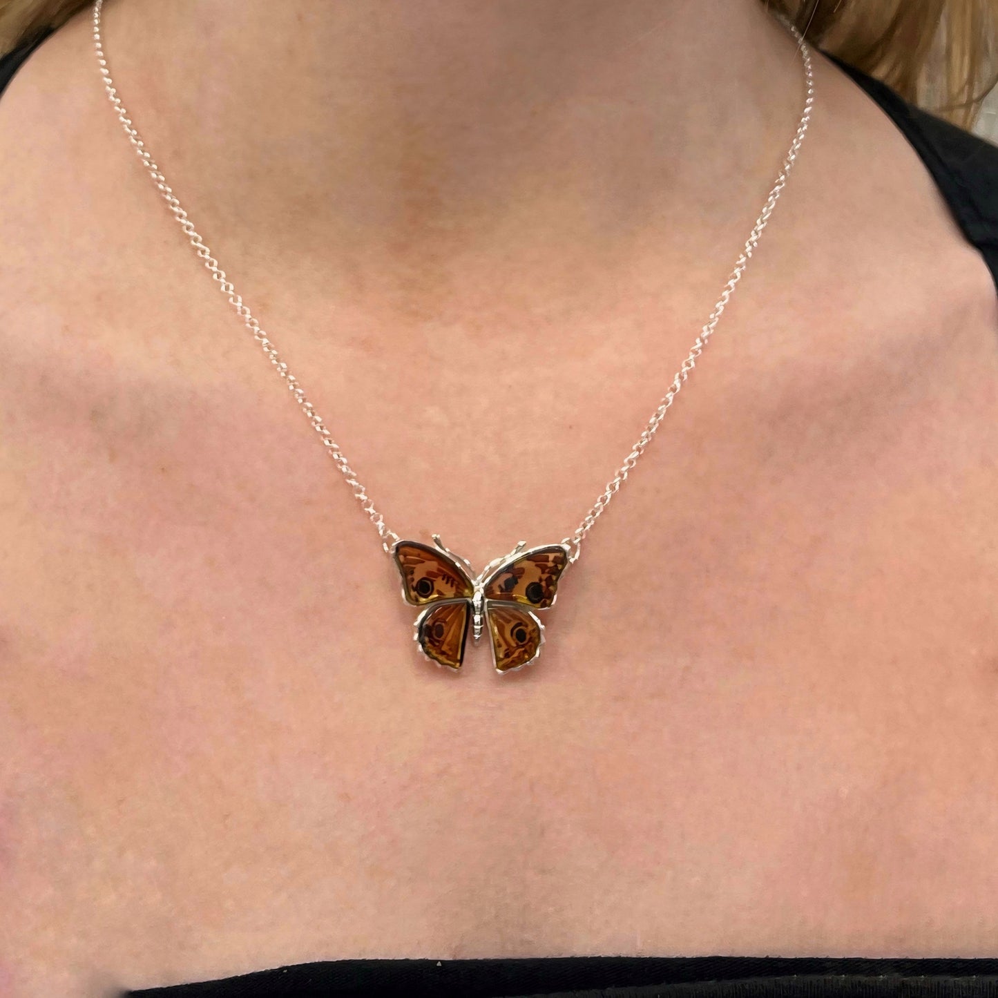 Sterling Silver Amber Peacock Pansy Butterfly Necklace