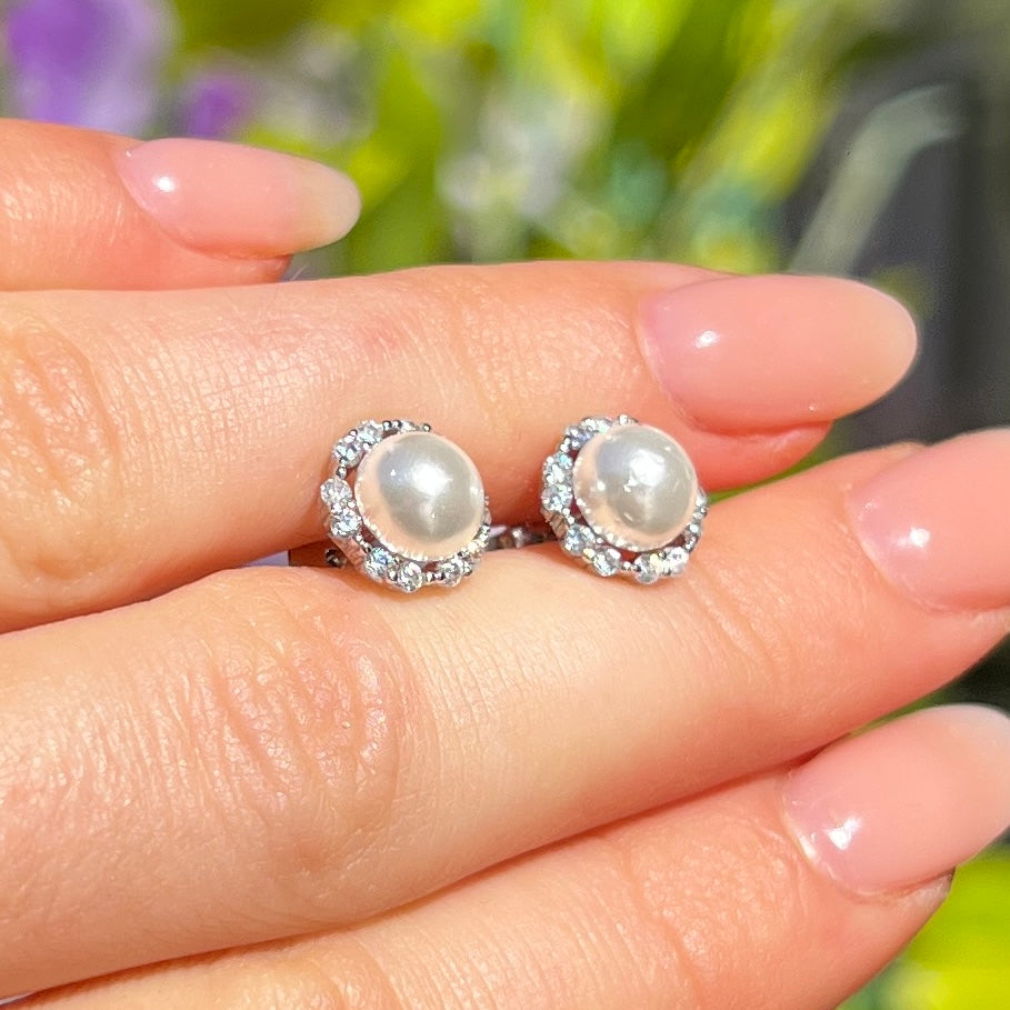Pearl & Cubic Zirconia Halo Sterling Silver Stud Earrings