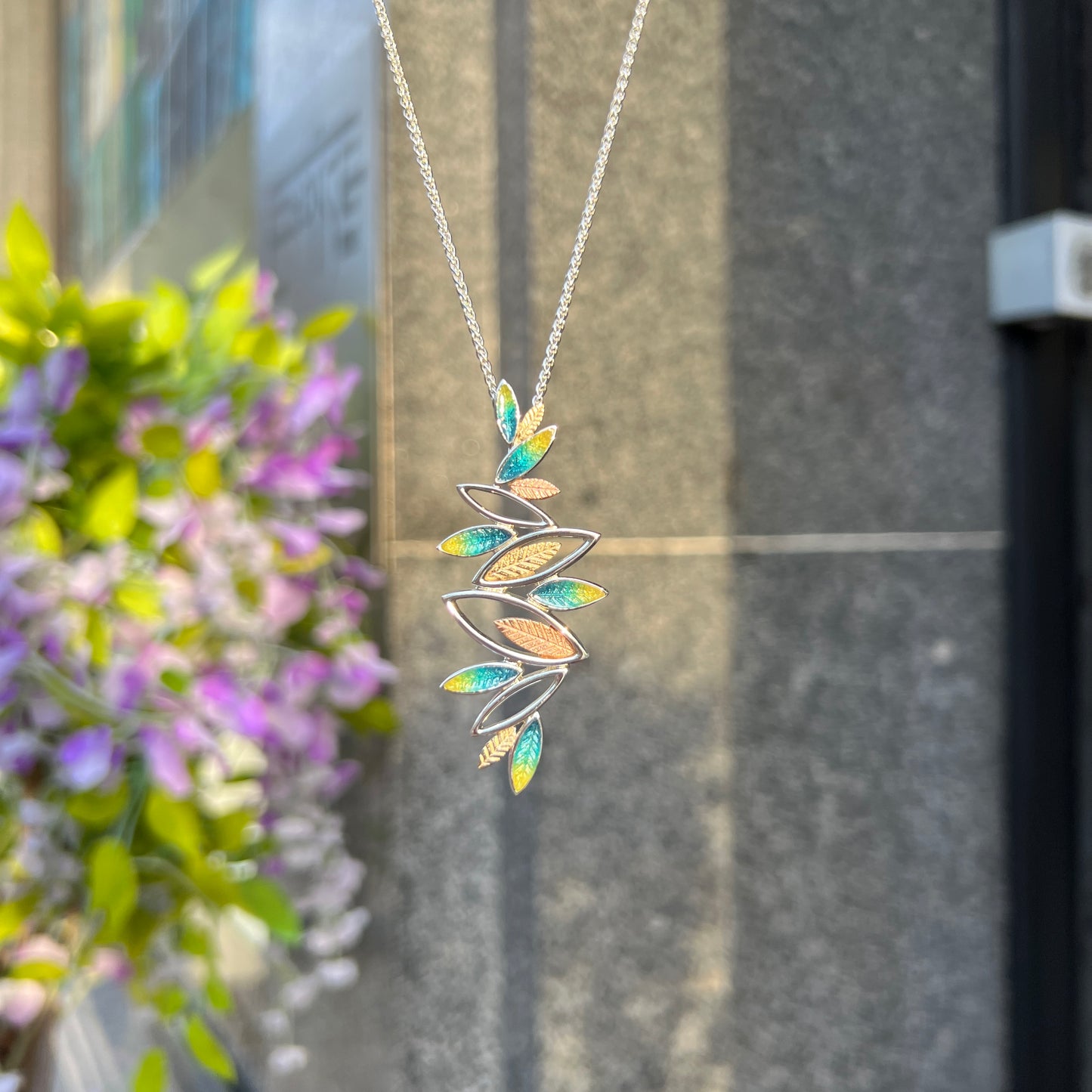 Sterling Silver Sheila Fleet Blue & Green Enamel Leaf Necklac