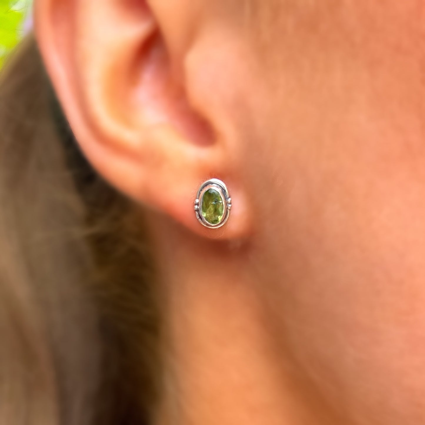 Simple Sterling Silver Green Peridot Stud Earrings