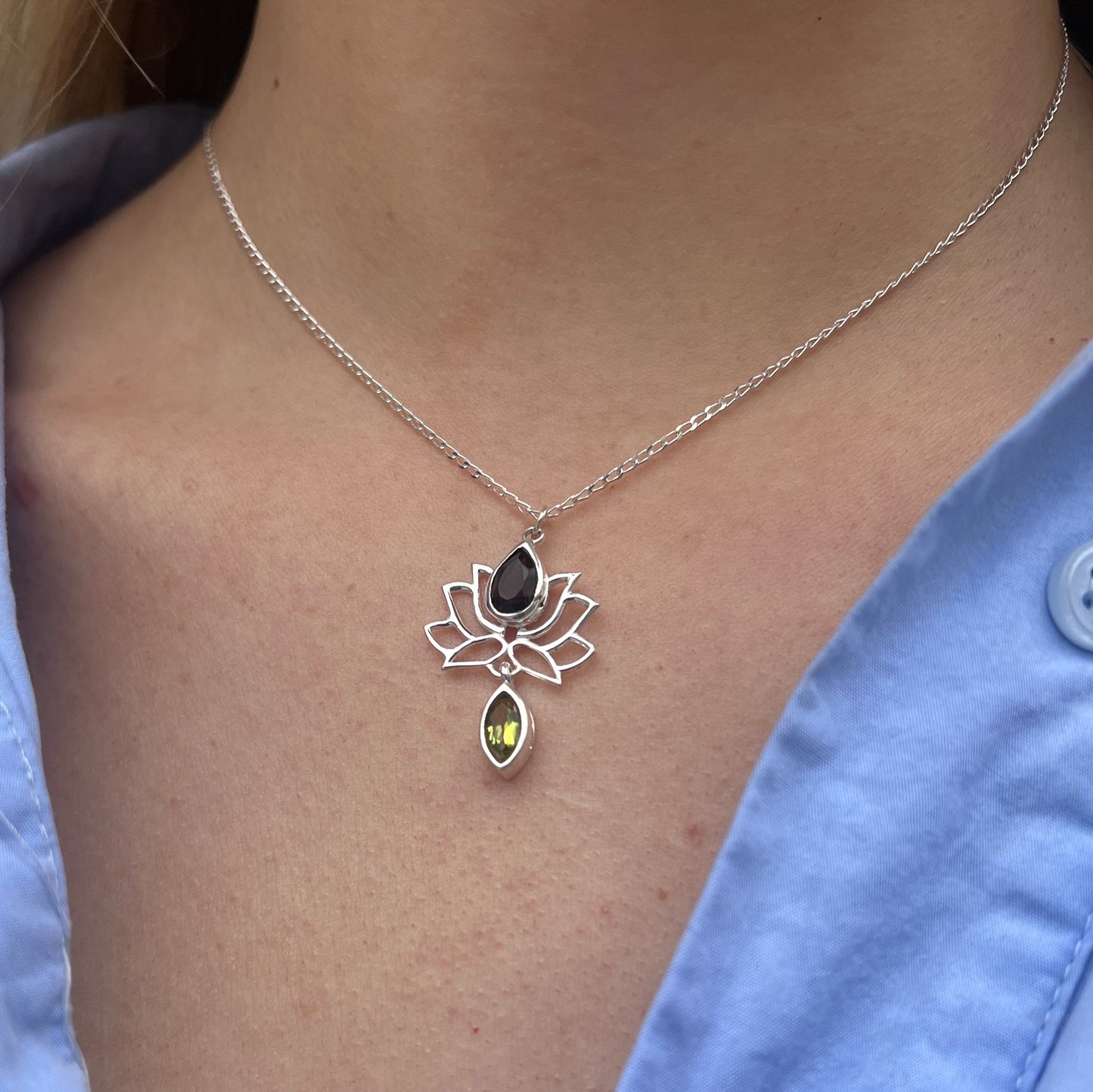 Sterling Silver Topaz and Peridot Lotus Necklace