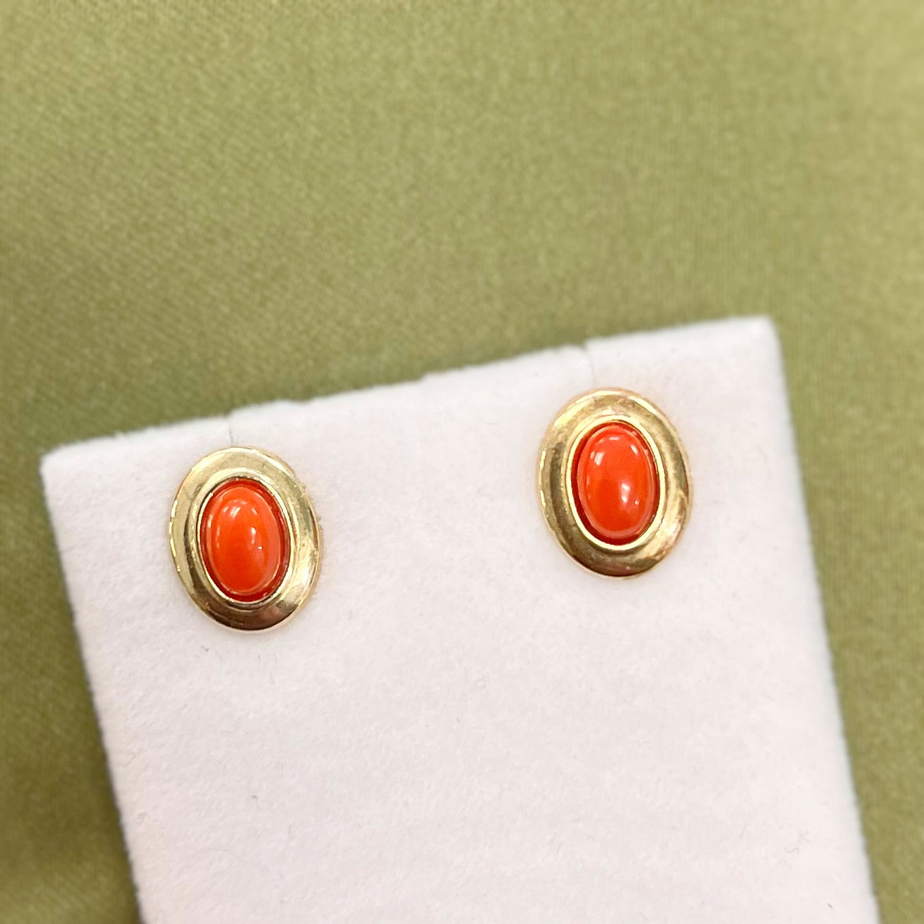 Rare 9ct Yellow Gold Oval Coral Stud Earrings