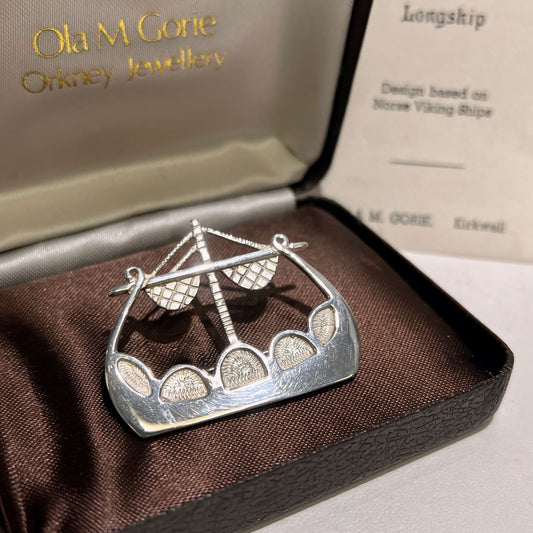 Vintage Ola M. Gorie Sterling Silver Viking Longship Brooch