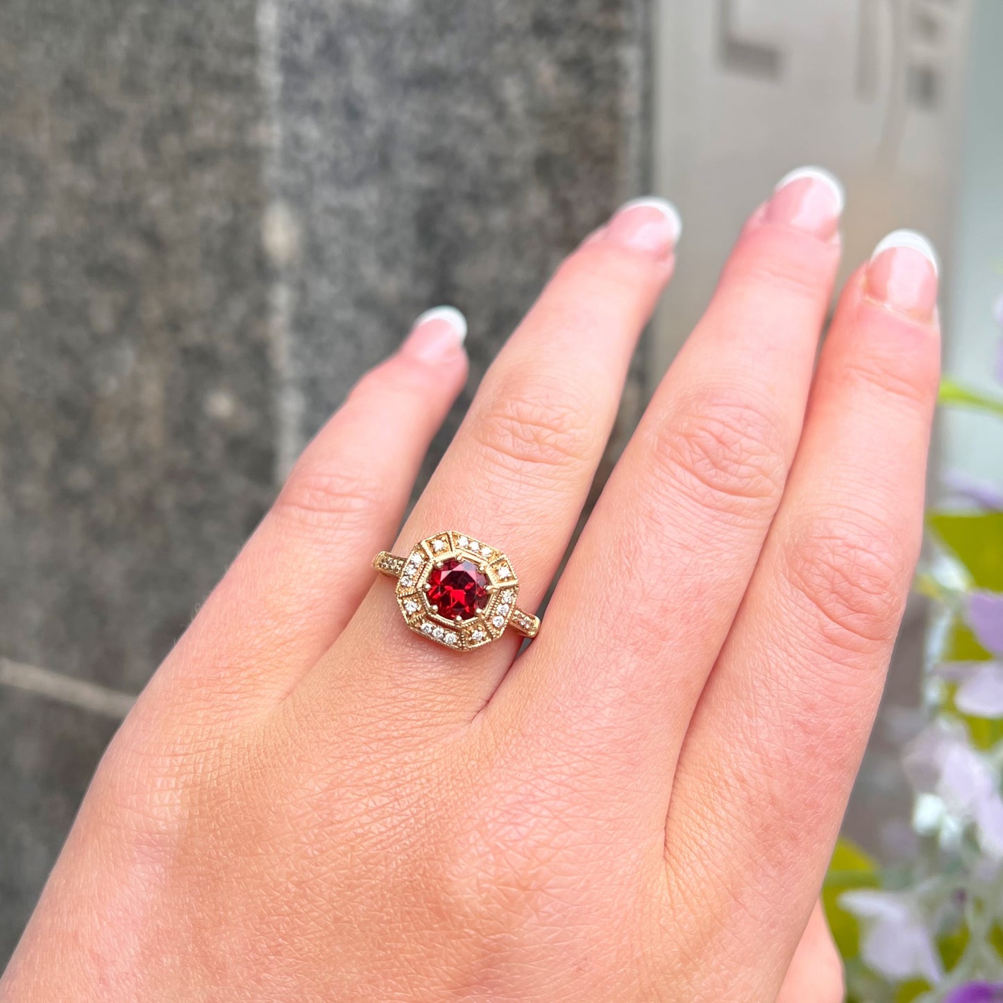 Art Deco Inspired Octagonal 9ct Yellow Gold Garnet and Diamond Ring - Size M ½