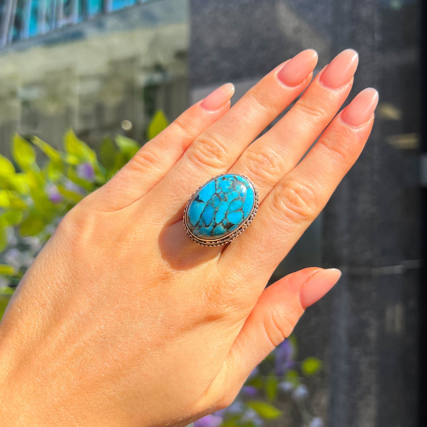 Chunky Sterling Silver Blue Turquoise Boho Ring - Size R