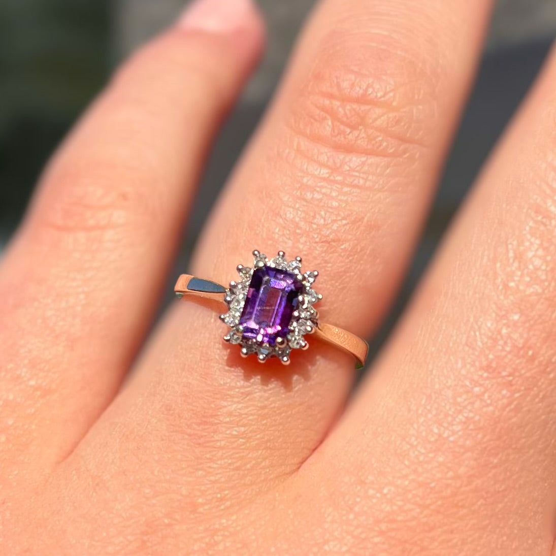 Timeless Vintage 9ct Yellow Gold Emerald Cut Amethyst and Diamond Halo Cluster Ring - Size K
