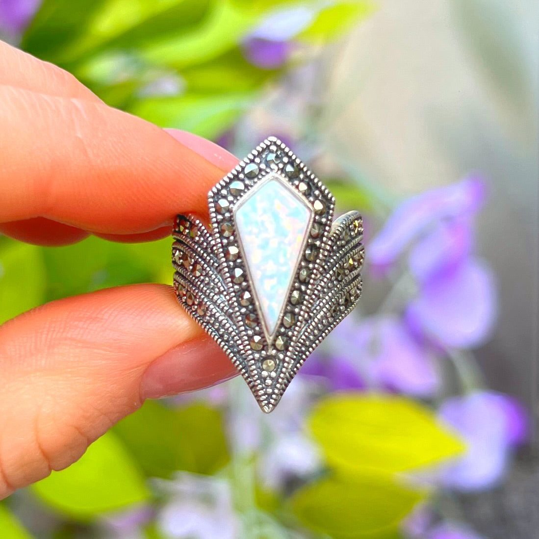 Unique Sterling Silver Opal & Marcasite Ring - Size M