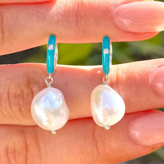Blue Enamel, Freshwater Pearl & Cubic Zirconia Sterling Silver Hoop Earrings