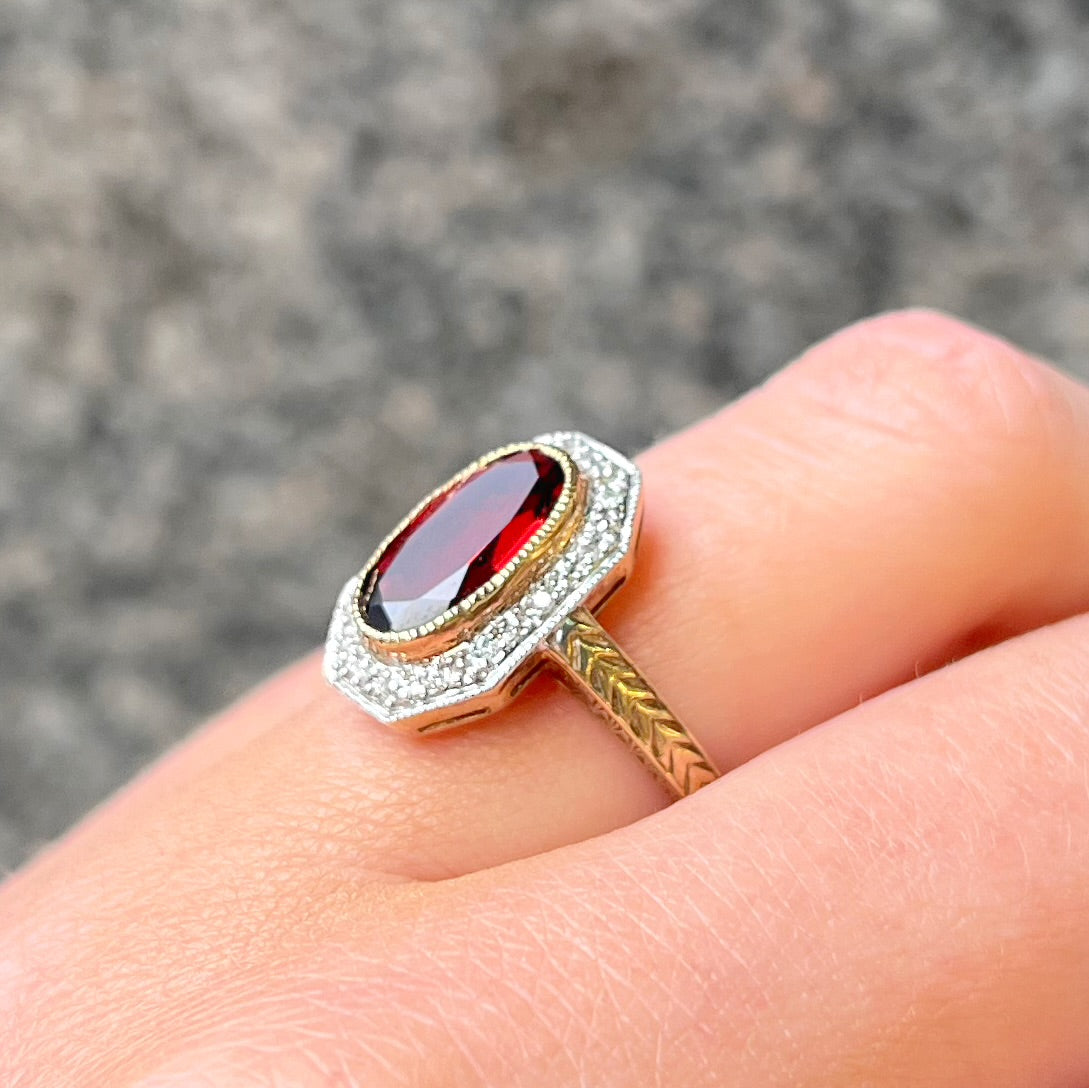 The Anna Ring - Art Deco Inspired 9ct Yellow Gold, Red Garnet and Diamond Ring Size L ½