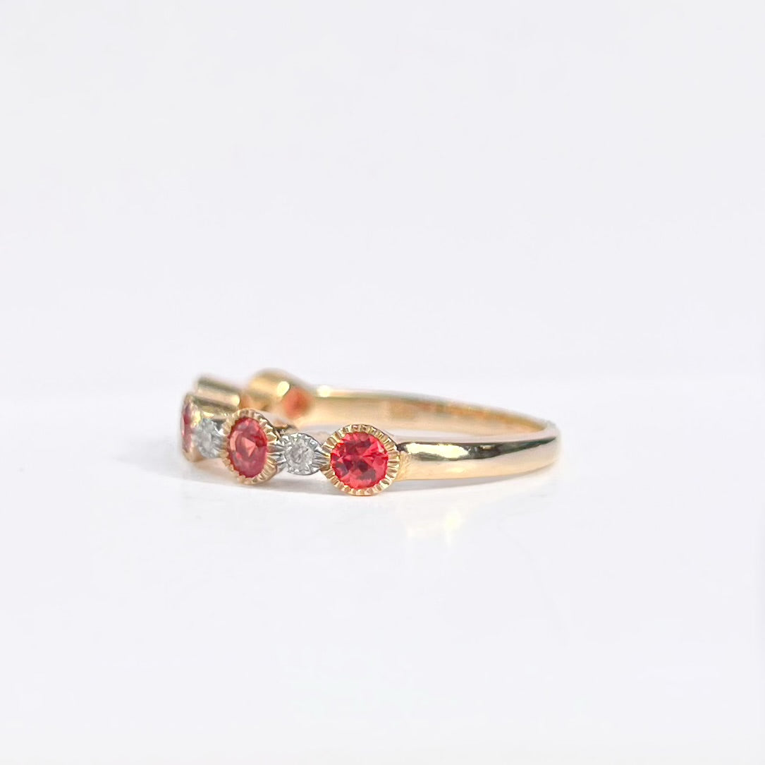RARE 9ct Yellow Gold Orange Sapphire and Diamond Half Eternity Ring - Size O