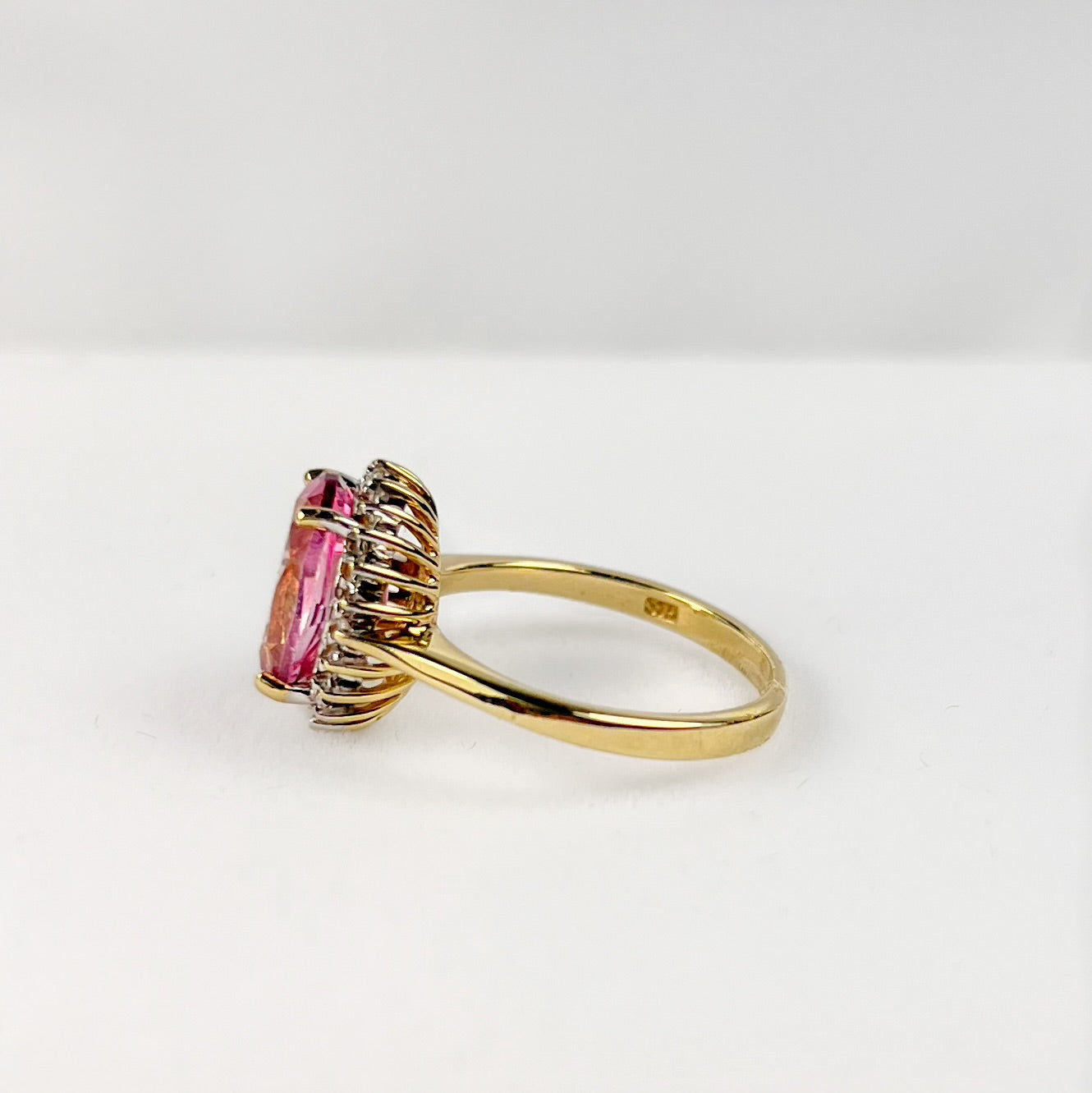 Vintage 9ct Yellow Gold Pink Topaz and Diamond Halo Dress Ring - Size J ½