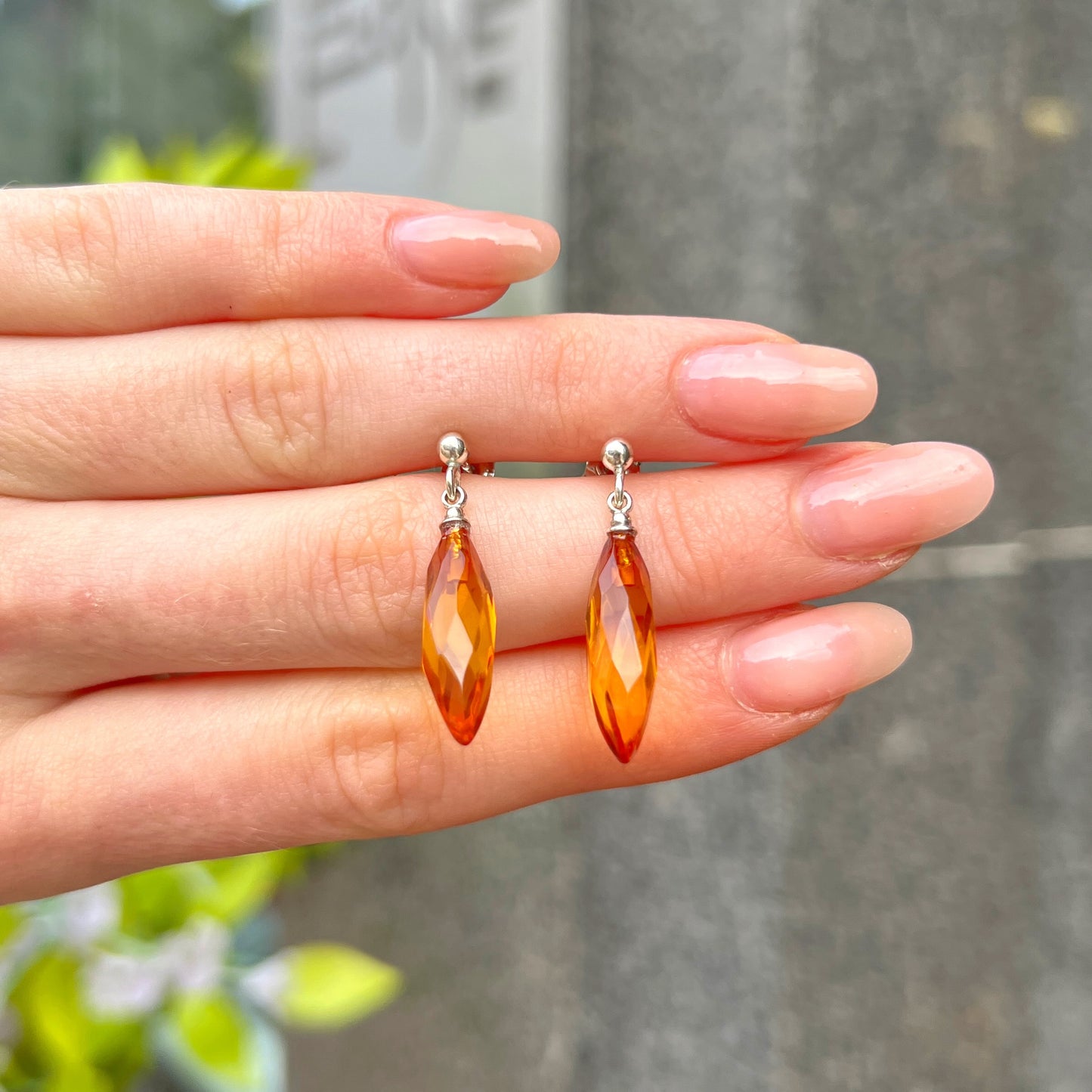 Sterling Silver Raw Orange Amber Drop Earrings