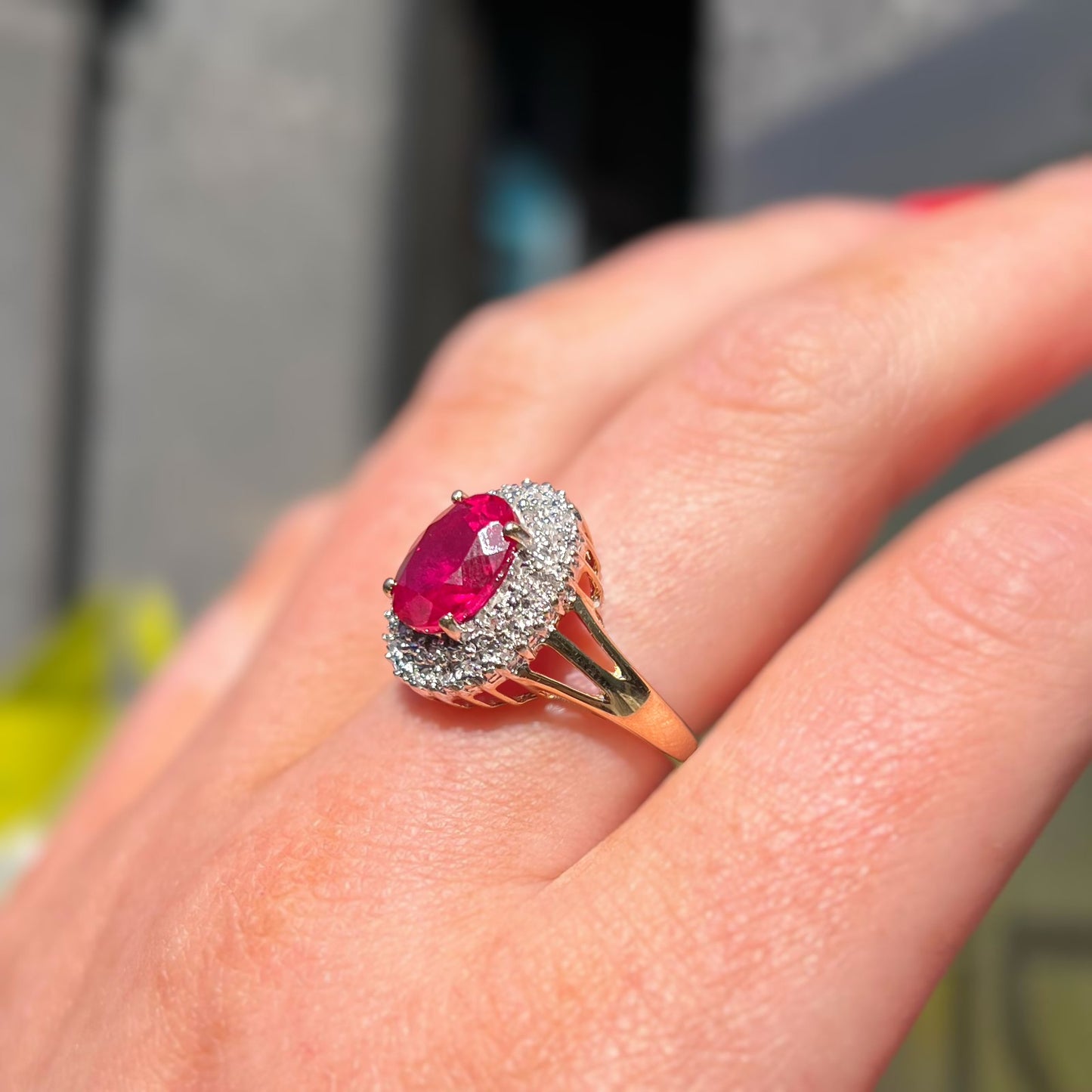 Eye-catching Vintage 9ct Yellow Gold Ruby and Diamond Cluster Cocktail Ring - Size P