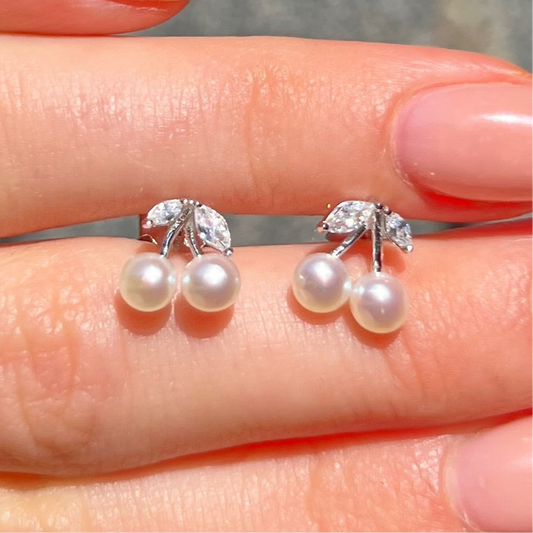 White Pearl & Cubic Zirconia Sterling Silver Cherry Stud Earrings