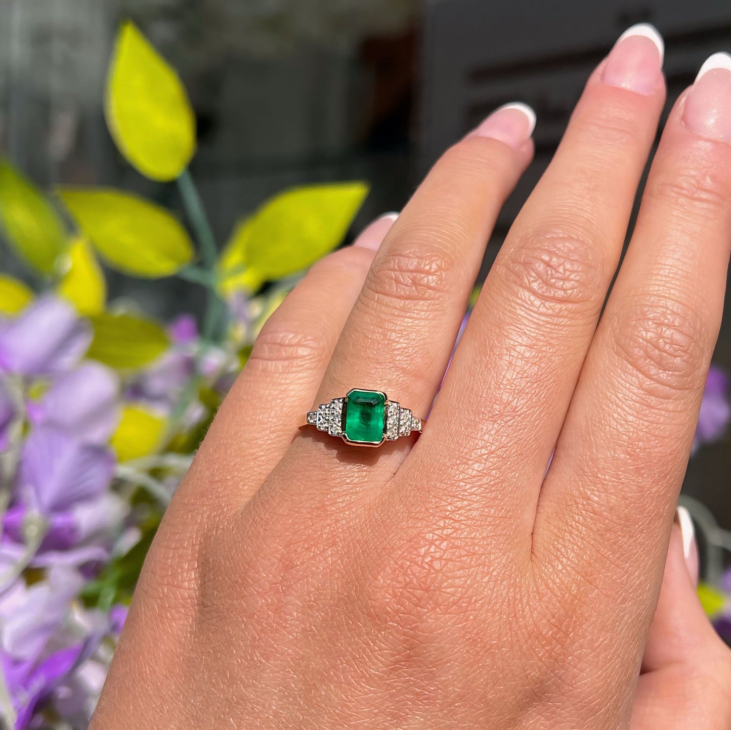9ct Yellow Gold Art Deco Inspired Emerald and Diamond Ring - Size N ½