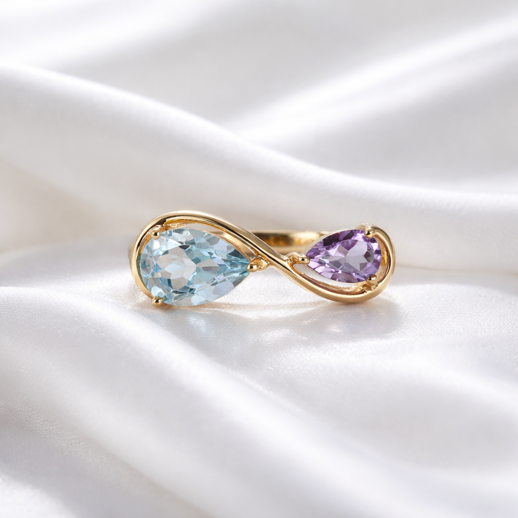 Unique & Co. Gold Aqua & Lilac Infinity ‘Toi et Moi’ Ring - Size L