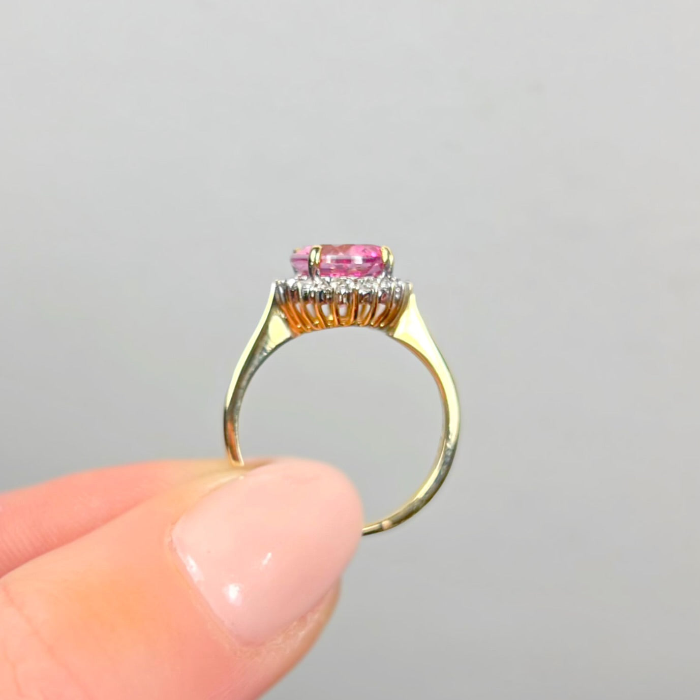 Vintage 9ct Yellow Gold Pink Topaz and Diamond Halo Dress Ring - Size J ½