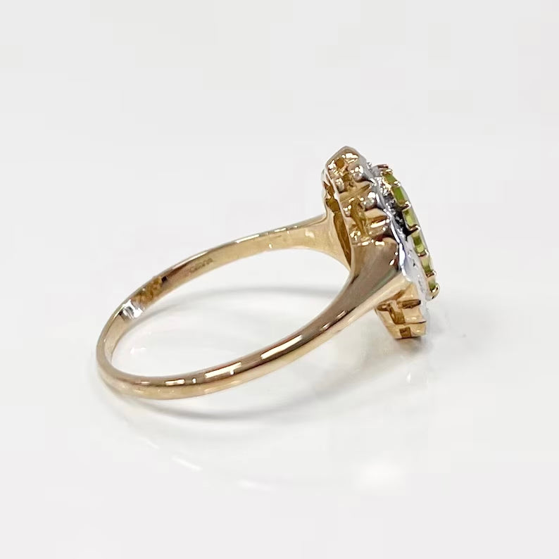 Edwardian Reproduction 9ct Yellow Gold Oval Peridot and Diamond Ring - Size O 1/2