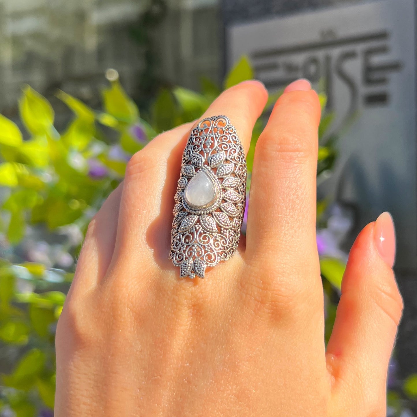 XL Chunky Sterling Silver Boho White Labradorite Ring - Size M