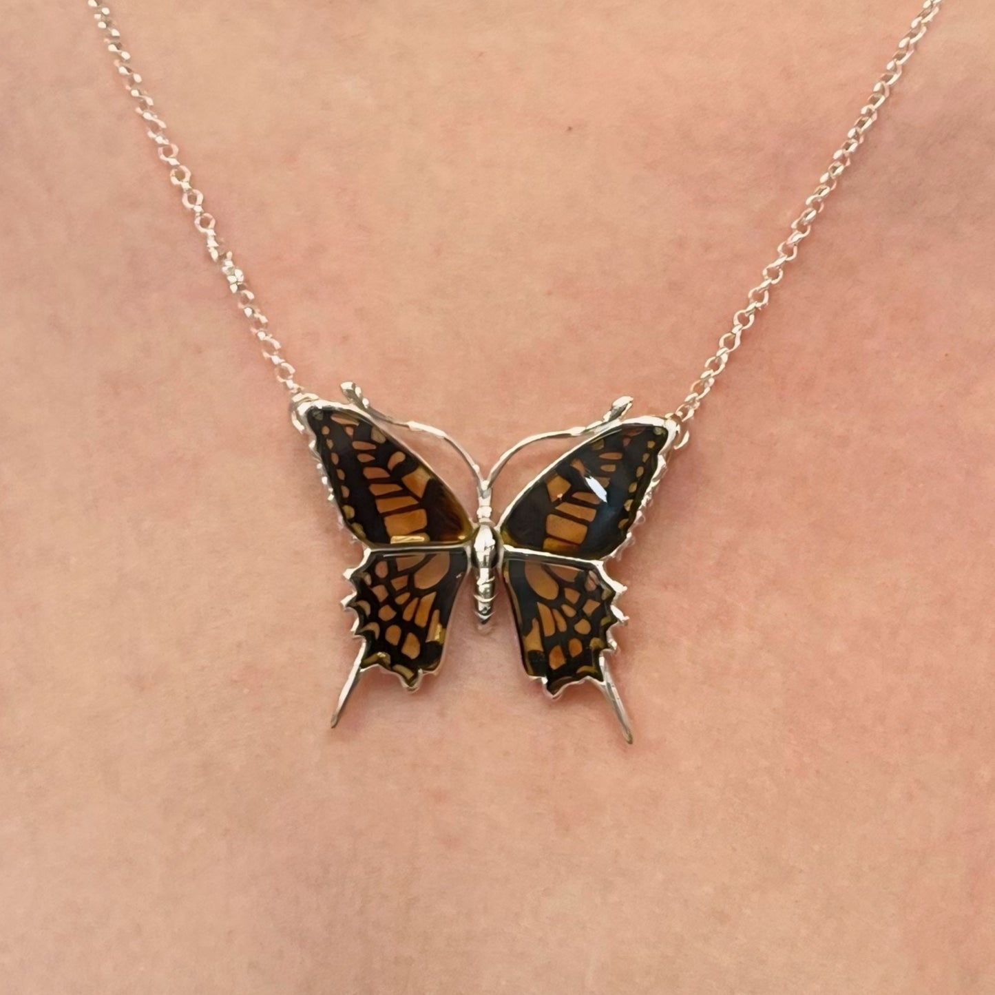 Large Sterling Silver Amber Blue Morpho Butterfly Necklace