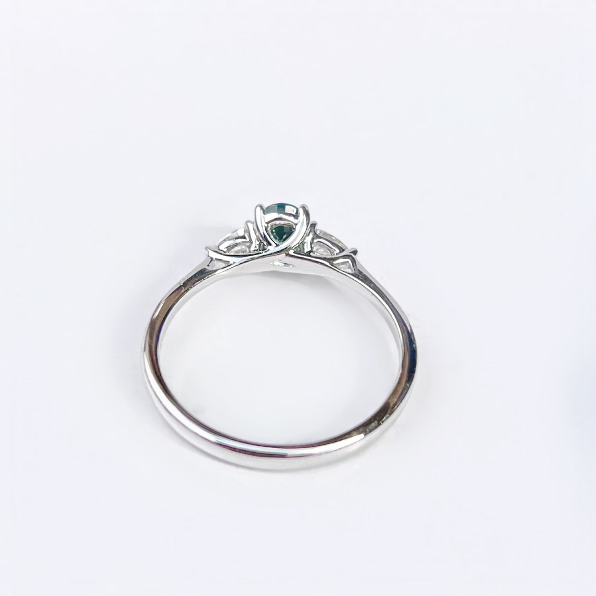 Classic Platinum Green Sapphire and Diamond Trilogy Ring - Size M 1/2