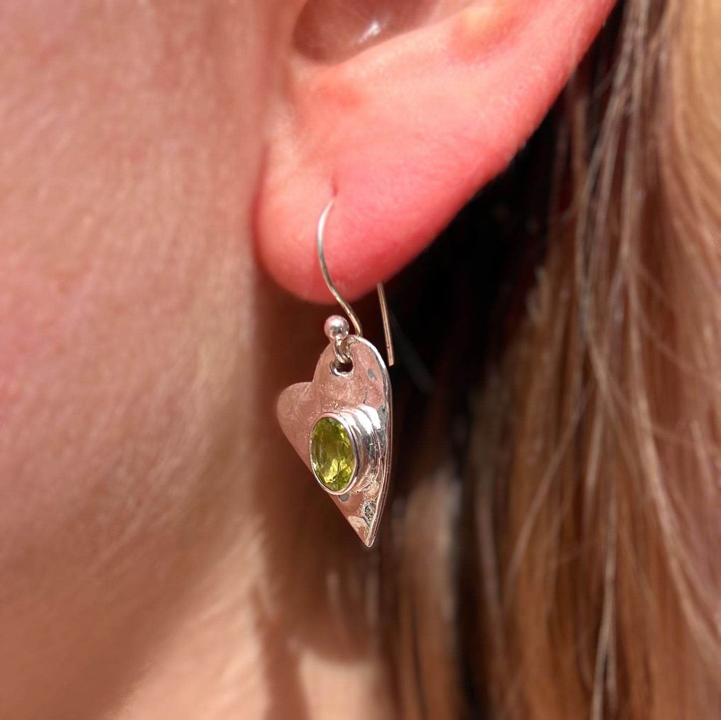 Sterling Silver Peridot Hammered Heart Drop Earrings