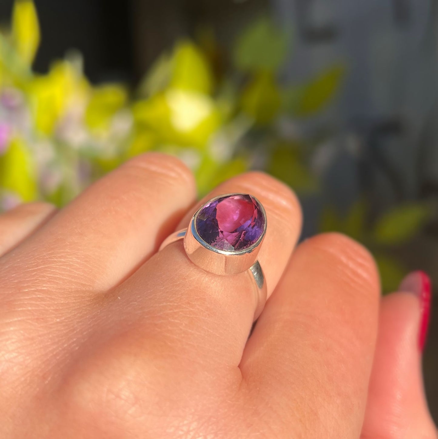 Plain Sterling Silver Pear Shaped Faceted Amethyst Ring - Size L ½