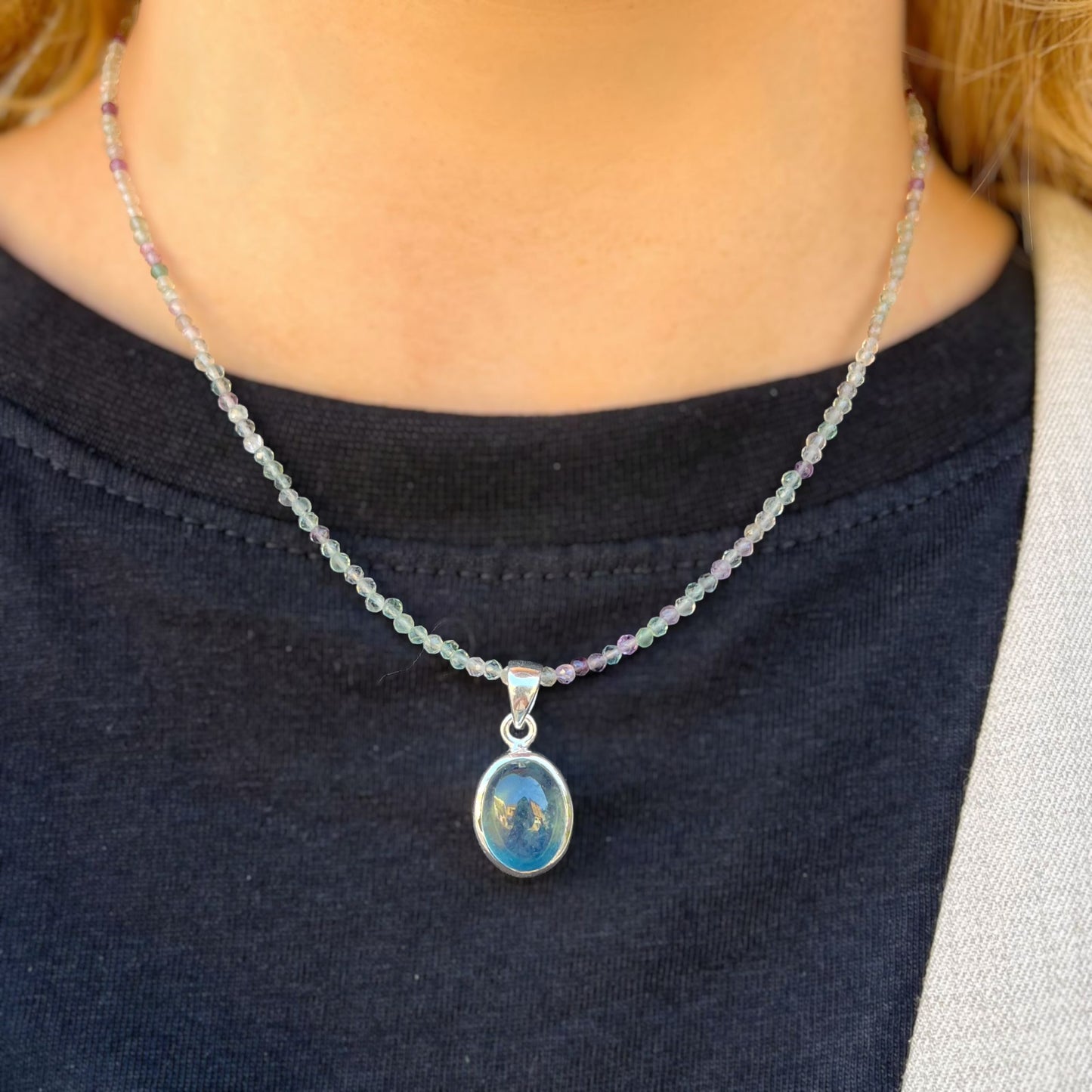 Mystical Sterling Silver Dreamy Aquamarine and Fluorite Beaded Chain Necklace