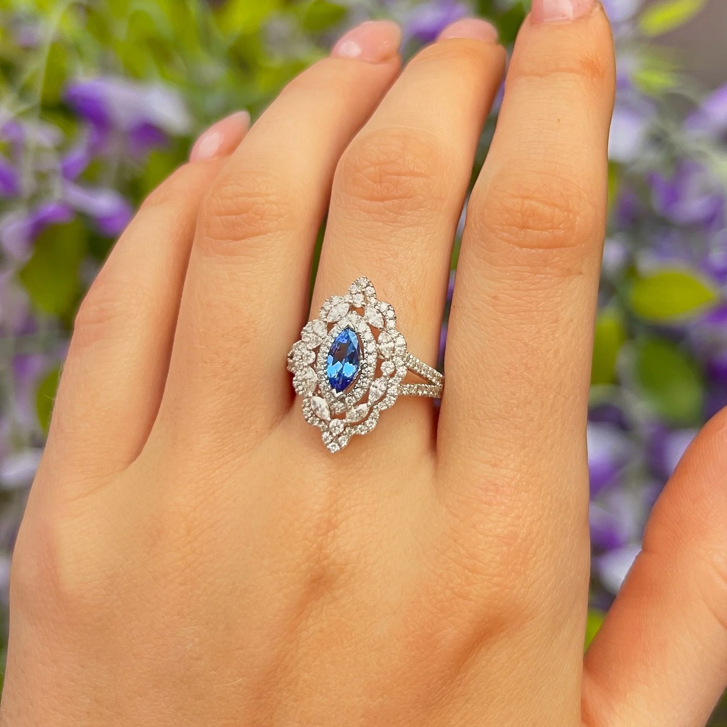 The 'Victoria' Ring - Sparkling 18ct White Gold Marquise Tanzanite and Diamond - Size O