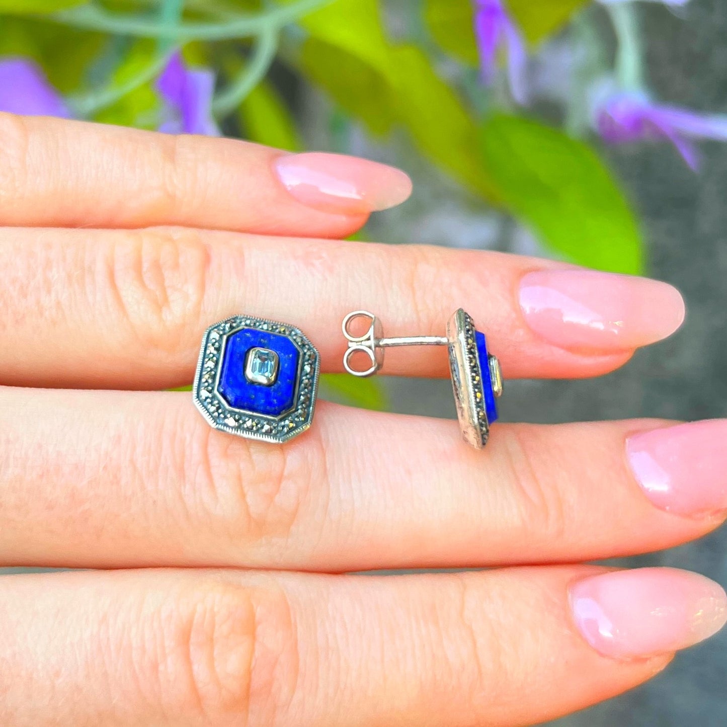 Sterling Silver Blue Lapis Lazuli, Topaz & Marcasite Square Stud Earrings