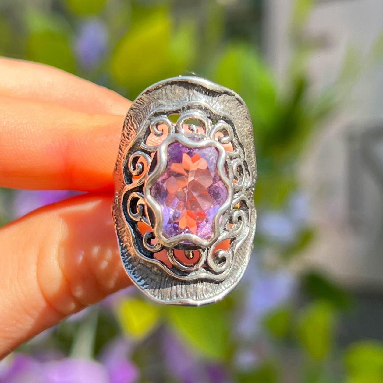 Swirl Sterling Silver Amethyst Ring - Size R