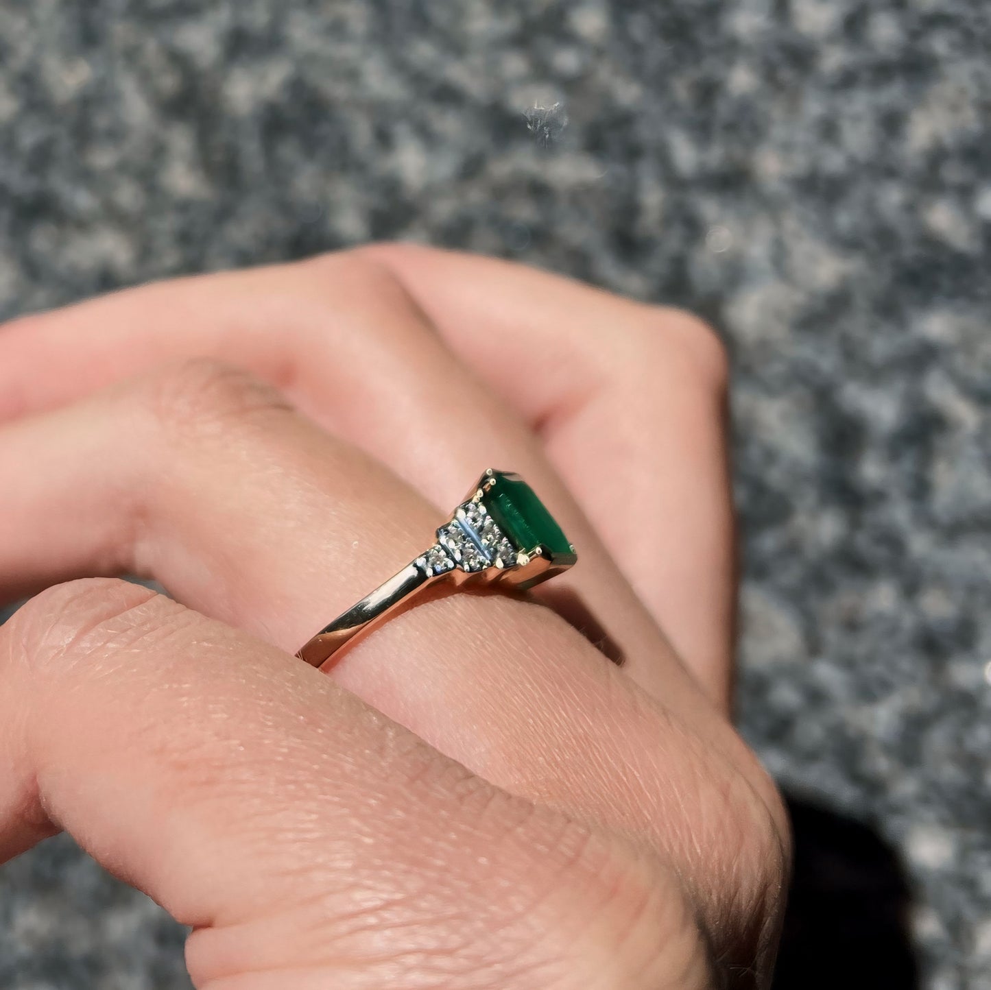9ct Yellow Gold Art Deco Inspired Emerald and Diamond Ring - Size N ½