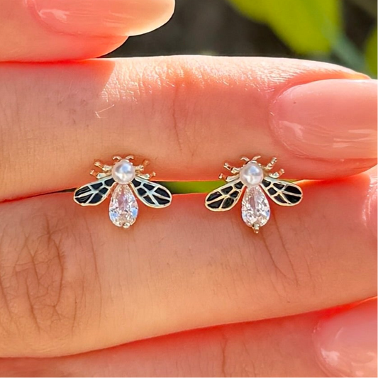 Pearl & Cubic Zirconia Bee Sterling Silver Stud Earrings