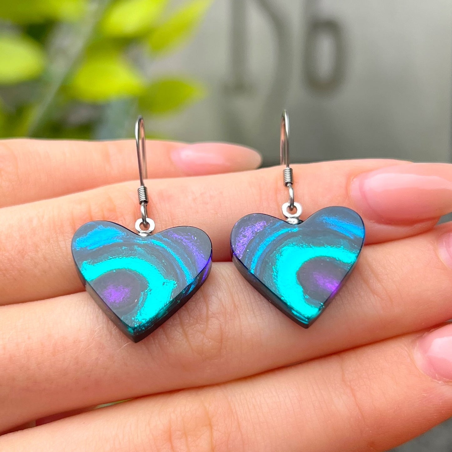 ‘Watch This Space’ Purple & Blue Love Heart Drop Earrings