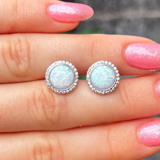 White Opal Cubic Zirconia Halo Sterling Silver Stud Earrings